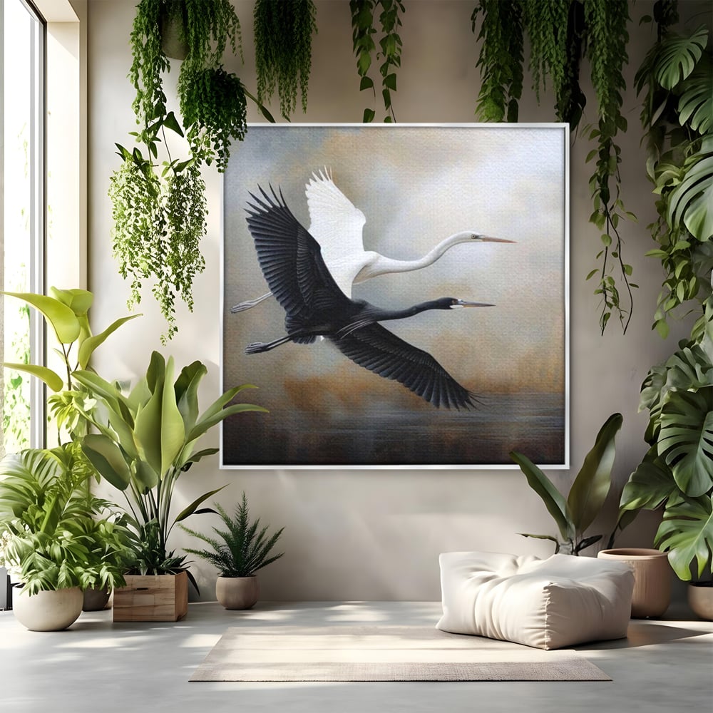 Tablou canvas cu tablou canvas cu doua pasari in zbor, in rama de aluminiu argintiu